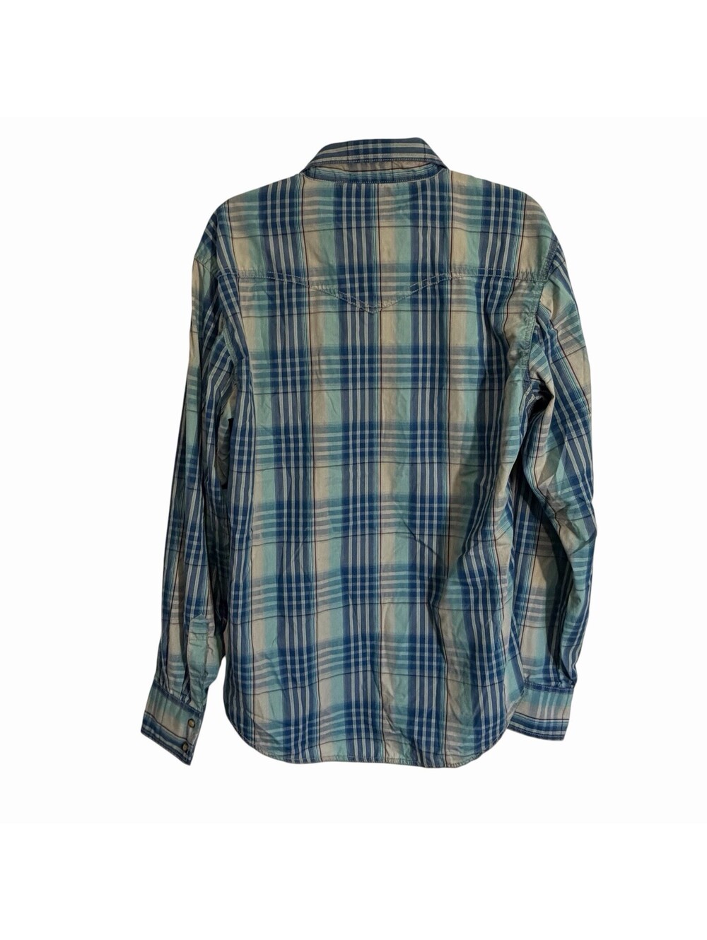 Wrangler Retro Men's L Blue Tan Plaid Woven Long Sleeve Button-Up Shirt - Picture 2 of 9